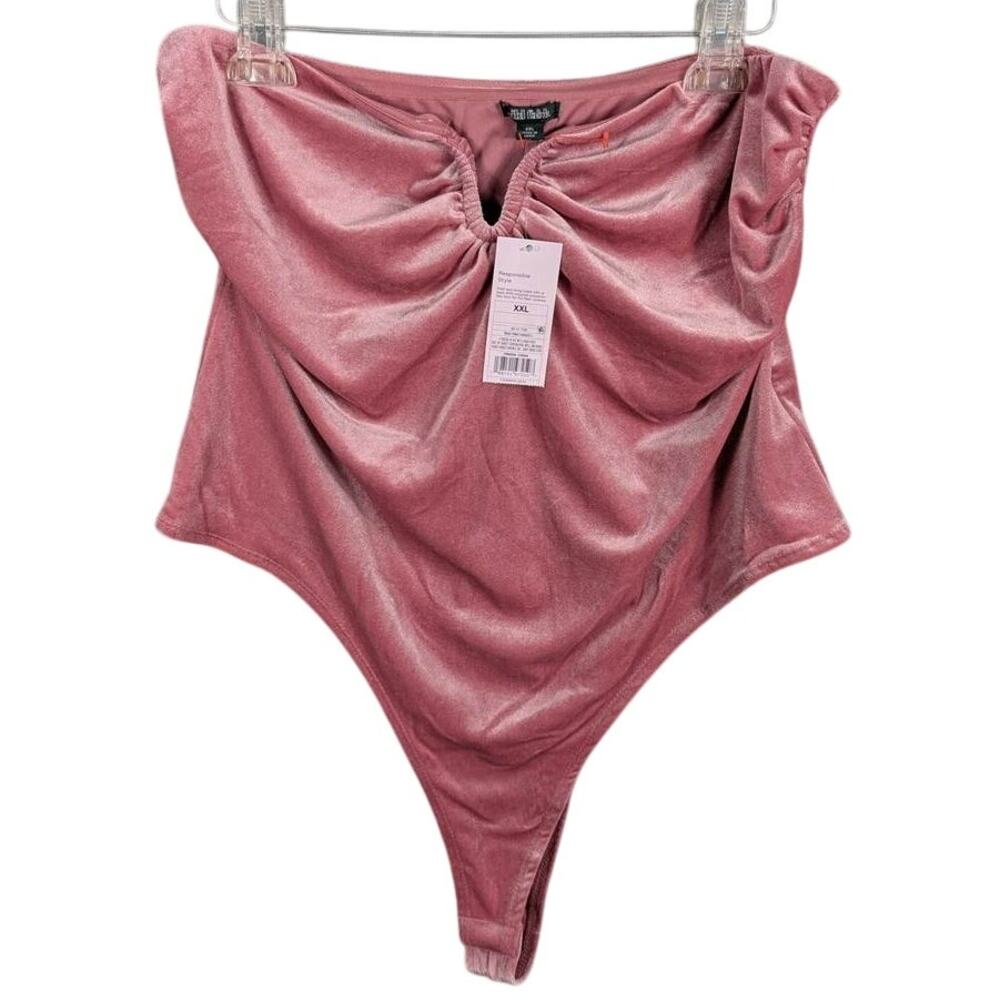Wild Fable Velvet Bodysuit Womens XXL Rose Pink Ruched Front Stretch Sleeveless